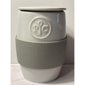 Pampered Chef Ceramic Egg Cooker White Grey Silicone Sleeve Microwave Safe